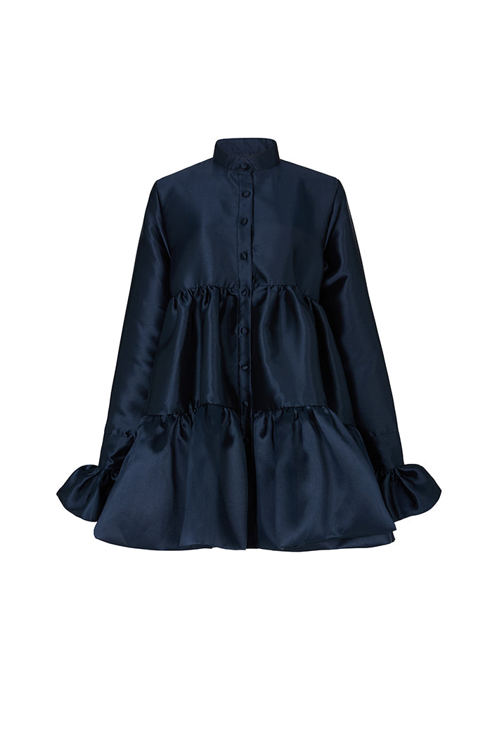 RAVENNA TIERED RUFFLED BABYDOLL SHIRT DRESS IN NAVY – THE KEMIST
