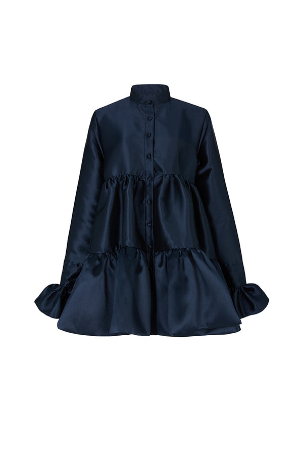 RAVENNA TIERED RUFFLED BABYDOLL SHIRT DRESS IN NAVY