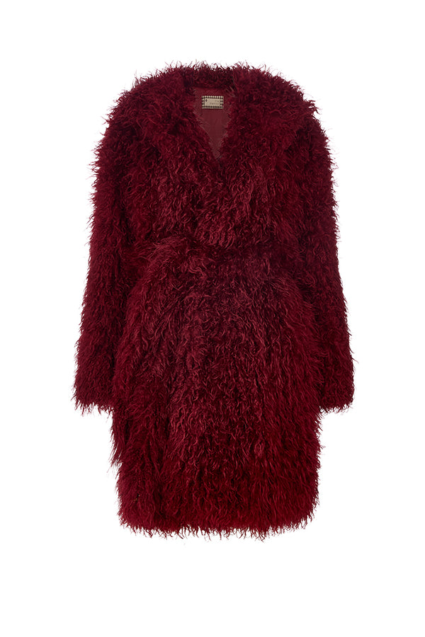 RIGA HOODED FAUX FUR COAT IN BURGUNDY