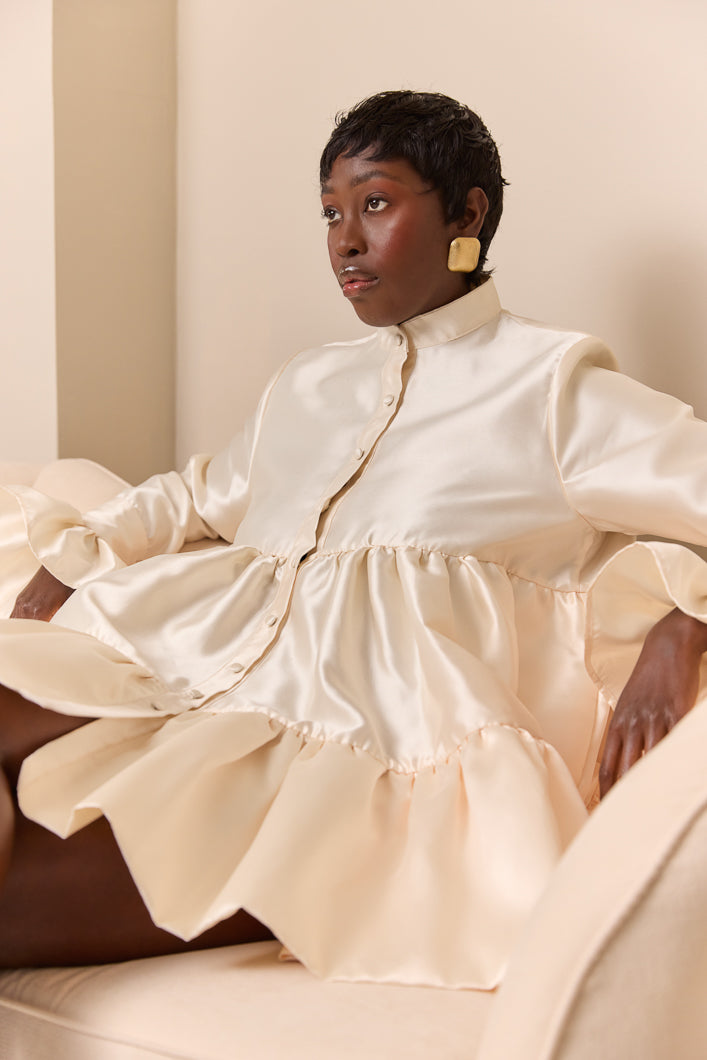 RAVENNA TIERED RUFFLED BABYDOLL SHIRT DRESS IN CHAMPAGNE