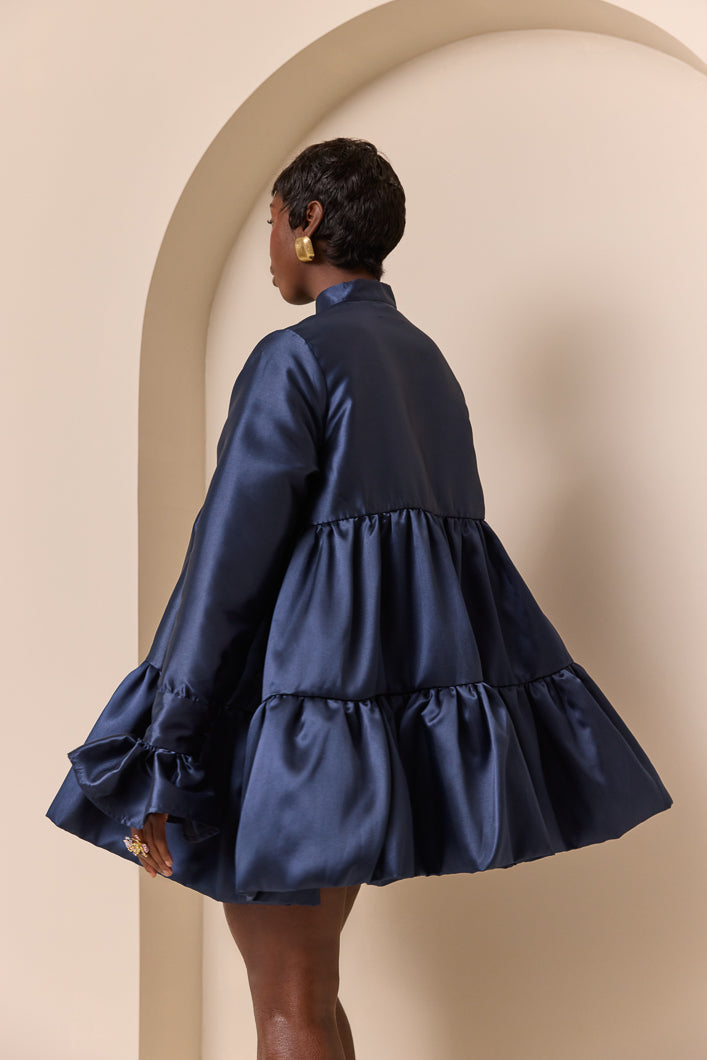 RAVENNA TIERED RUFFLED BABYDOLL SHIRT DRESS IN NAVY