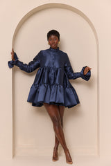 RAVENNA TIERED RUFFLED BABYDOLL SHIRT DRESS IN NAVY