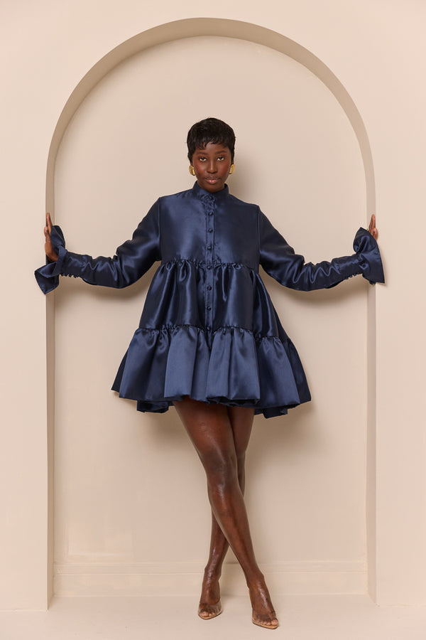 RAVENNA TIERED RUFFLED BABYDOLL SHIRT DRESS IN NAVY
