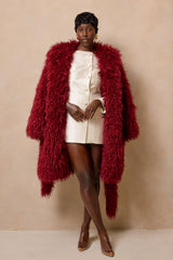 RIGA HOODED FAUX FUR COAT IN BURGUNDY