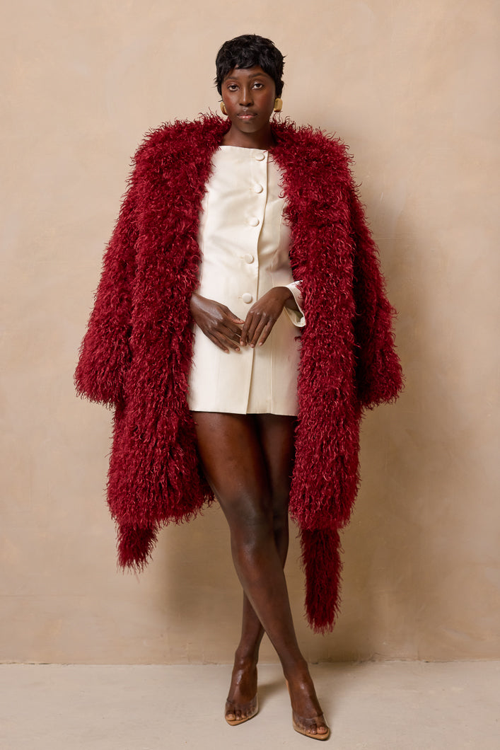 RIGA HOODED FAUX FUR COAT IN BURGUNDY