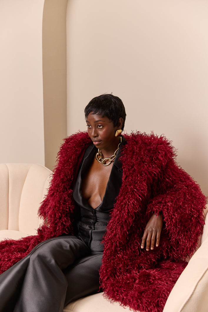 RIGA HOODED FAUX FUR COAT IN BURGUNDY