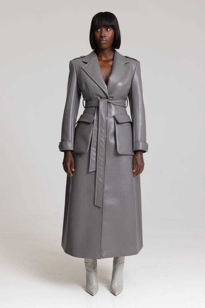 SAINT-REMY FAUX LEATHER TRENCH COAT IN GREY