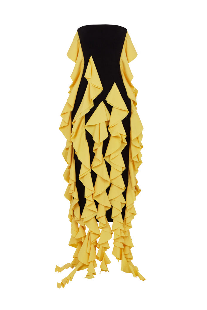 SEVILLE SLEEVELESS WATERFALL RUFFLE DRESS IN BLACK AND YELLOW