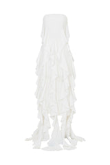 SEVILLE SLEEVELESS WATERFALL RUFFLE DRESS IN WHITE
