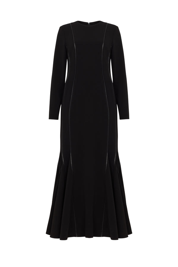 SIENNA MAXI DRESS WITH FAUX LEATHER PIPING IN BLACK