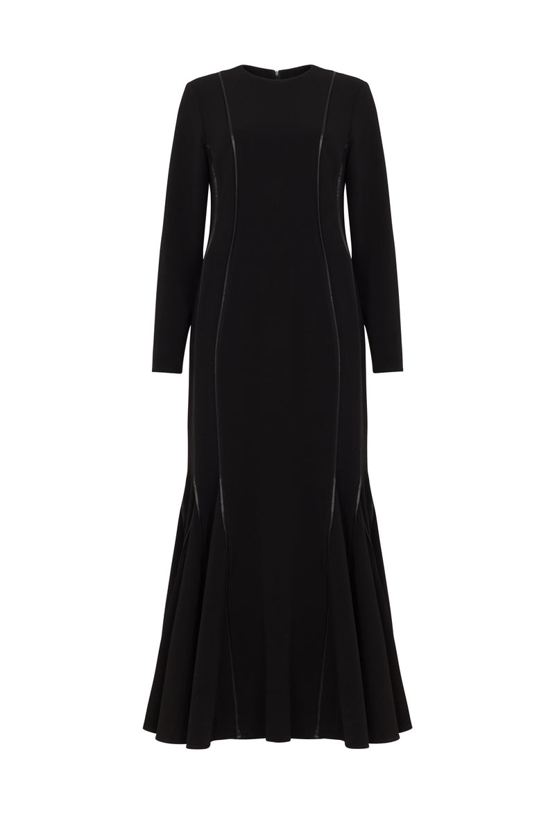 SIENNA MAXI DRESS WITH FAUX LEATHER PIPING IN BLACK