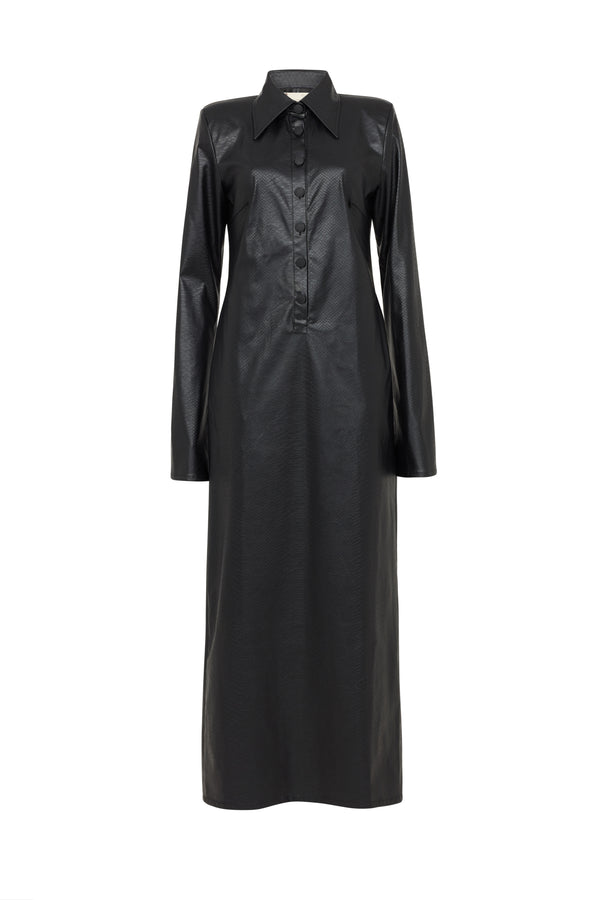 STOCKHOLM FAUX LEATHER MAXI SHIRT DRESS IN BLACK