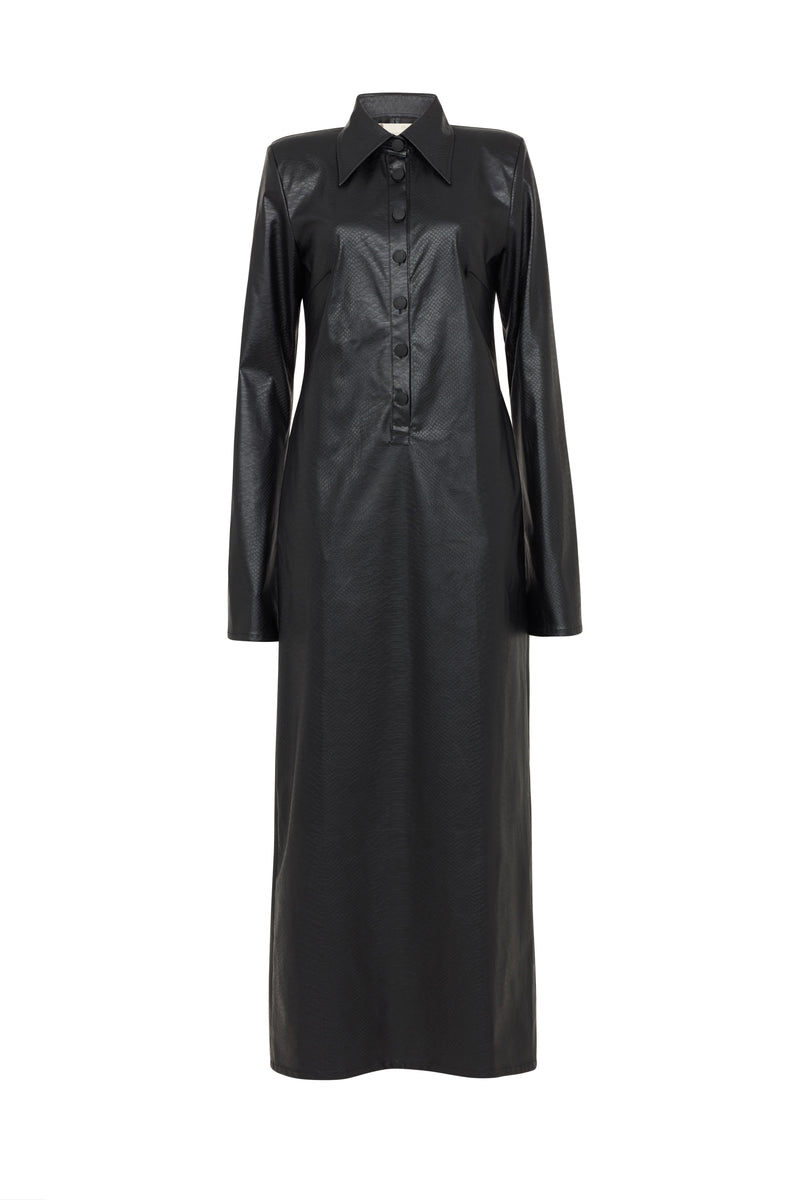 STOCKHOLM FAUX LEATHER MAXI SHIRT DRESS IN BLACK