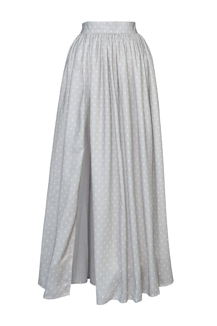 COLIMA GATHERED MAXI SKIRT IN GREY DIAMOND POLKA DOT