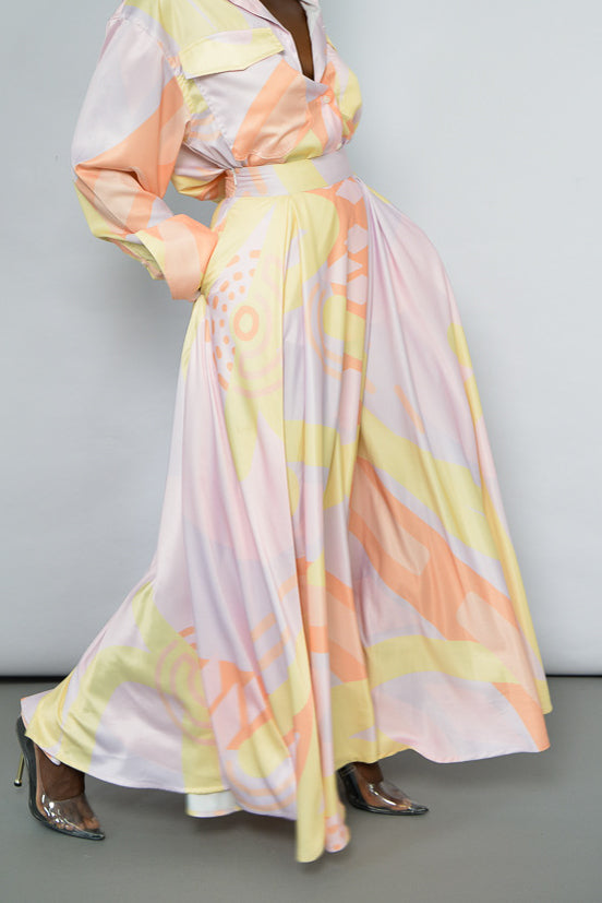 SAMARA MAXI PLEATED UMBRELLA SKIRT IN PASTEL KAYSERI PRINT