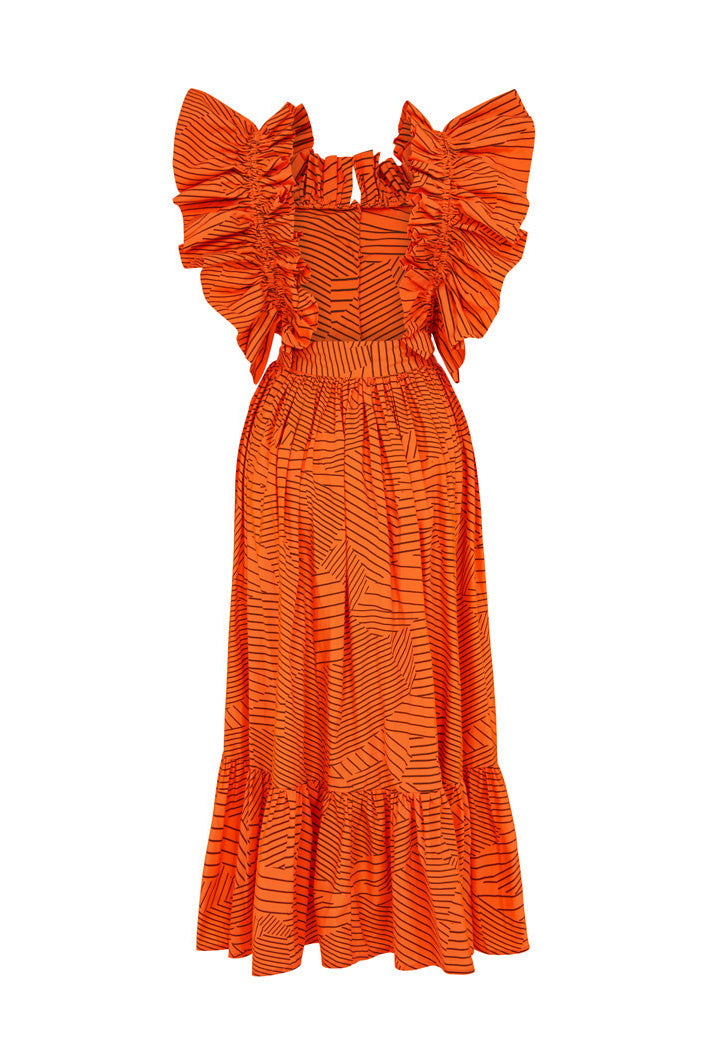 BARLETTA BACKLESS BUTTON DOWN RUFFLE MIDI DRESS IN ORANGE
