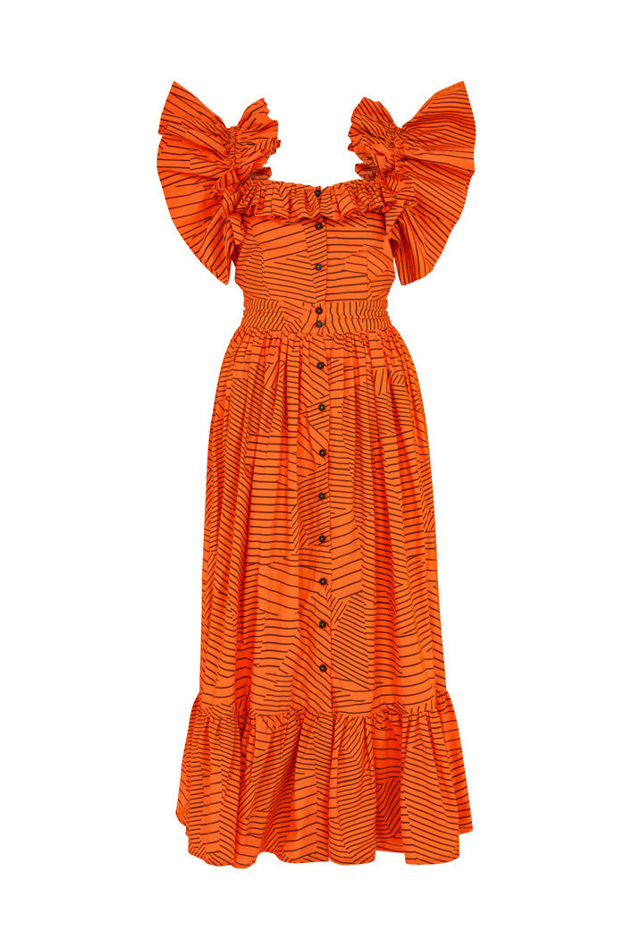 BARLETTA BACKLESS BUTTON DOWN RUFFLE MIDI DRESS IN ORANGE
