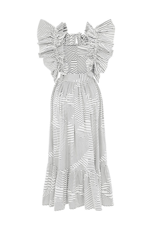 BARLETTA BACKLESS BUTTON DOWN RUFFLE MIDI DRESS IN WHITE