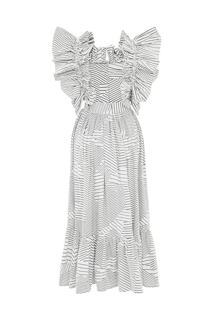 BARLETTA BACKLESS BUTTON DOWN RUFFLE MIDI DRESS IN WHITE