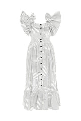 BARLETTA BACKLESS BUTTON DOWN RUFFLE MIDI DRESS IN WHITE