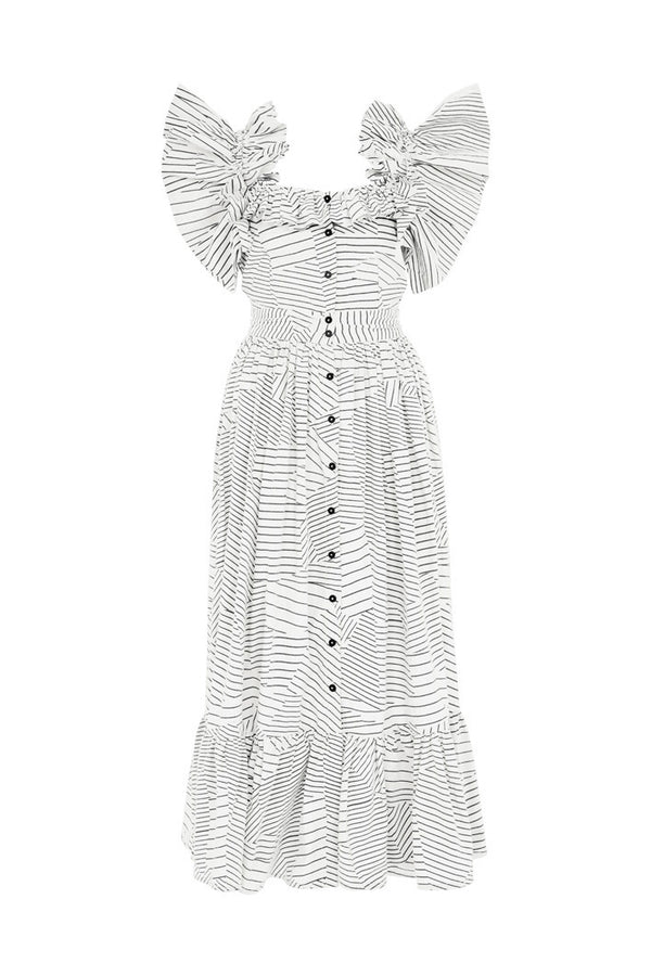 BARLETTA BACKLESS BUTTON DOWN RUFFLE MIDI DRESS IN WHITE