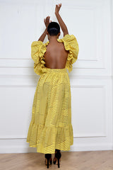 BARLETTA BACKLESS BUTTON DOWN RUFFLE MIDI DRESS IN YELLOW