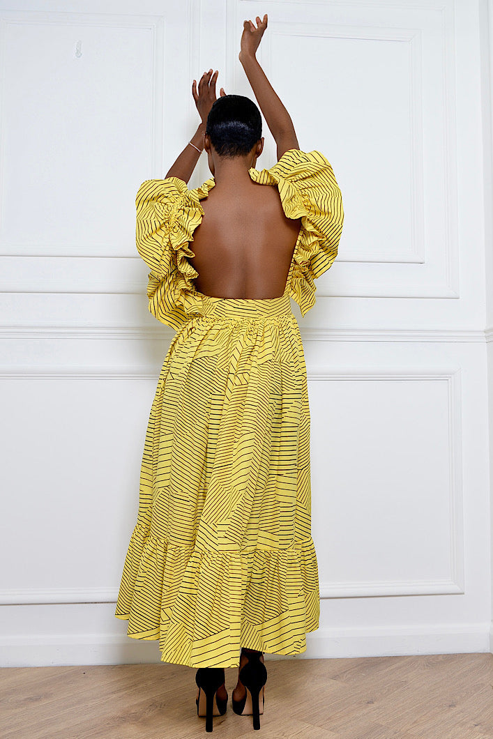 BARLETTA BACKLESS BUTTON DOWN RUFFLE MIDI DRESS IN YELLOW