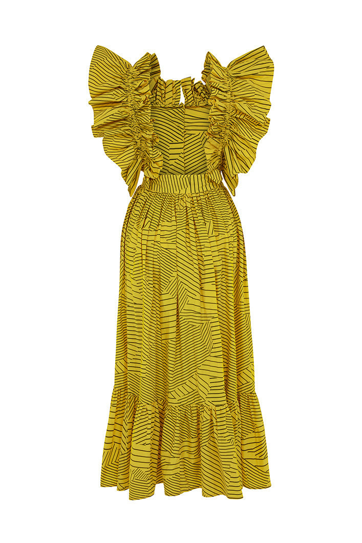 BARLETTA BACKLESS BUTTON DOWN RUFFLE MIDI DRESS IN YELLOW