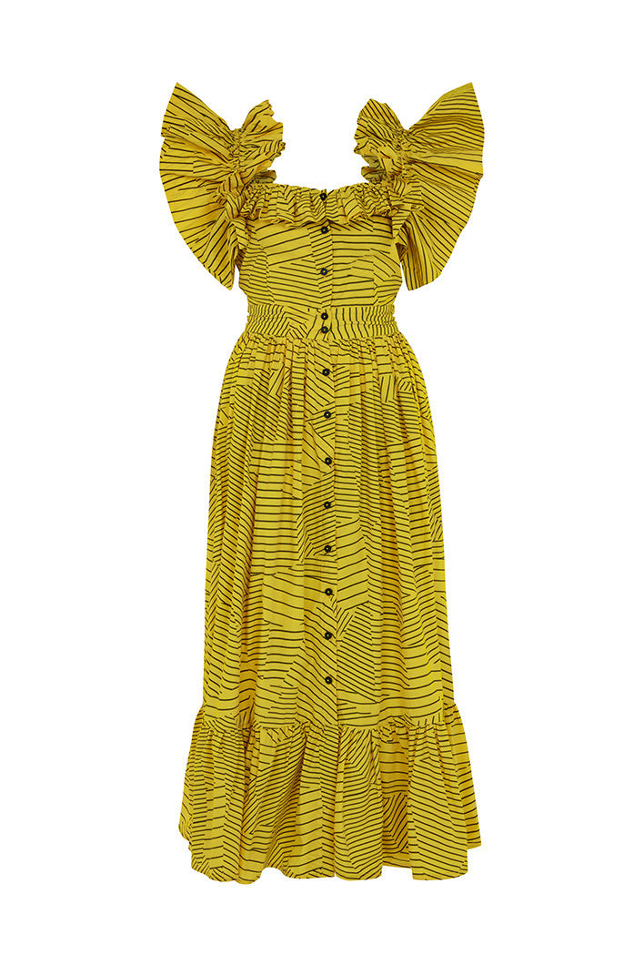 BARLETTA BACKLESS BUTTON DOWN RUFFLE MIDI DRESS IN YELLOW