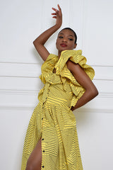 BARLETTA BACKLESS BUTTON DOWN RUFFLE MIDI DRESS IN YELLOW