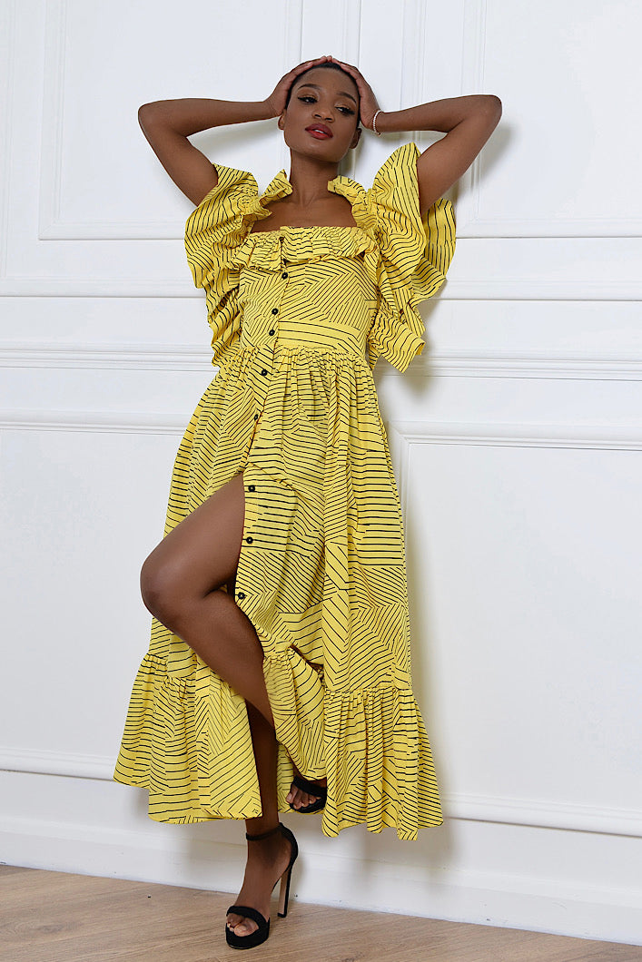 BARLETTA BACKLESS BUTTON DOWN RUFFLE MIDI DRESS IN YELLOW