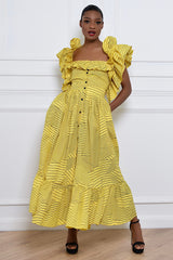 BARLETTA BACKLESS BUTTON DOWN RUFFLE MIDI DRESS IN YELLOW