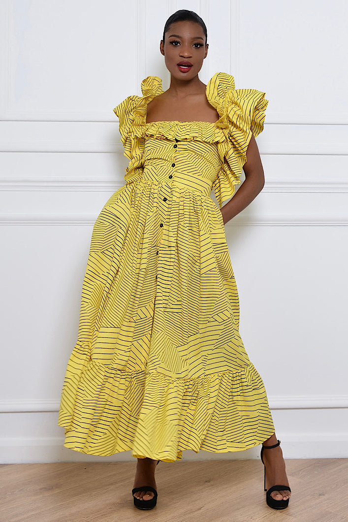 BARLETTA BACKLESS BUTTON DOWN RUFFLE MIDI DRESS IN YELLOW