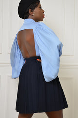 BILOXI SHOULDER PADDED BACKLESS SHIRT IN BLUE