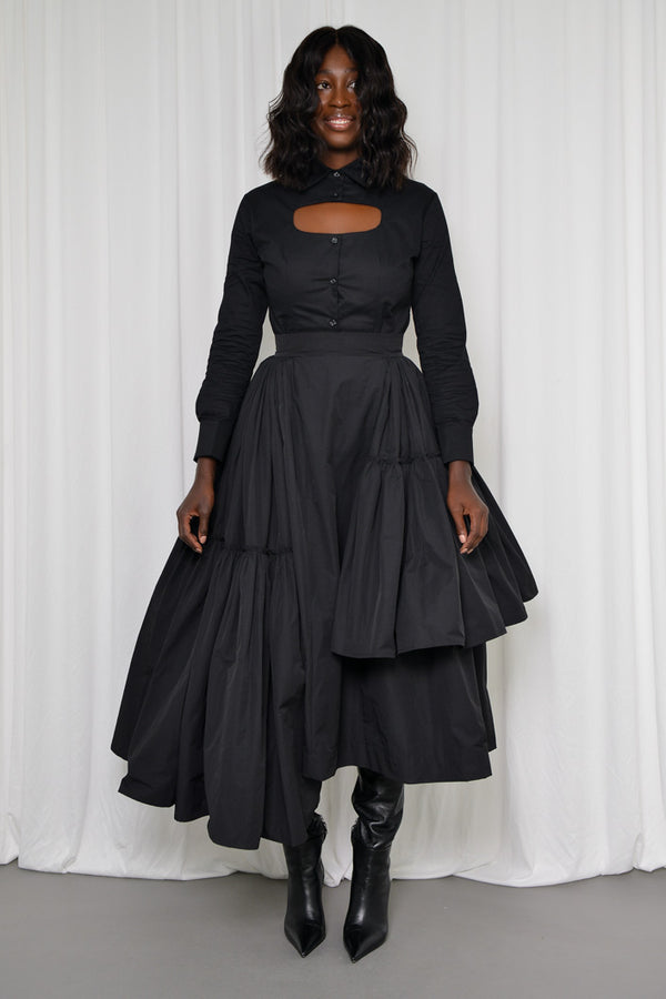 CALAIS ASYMMETRIC WIND BREAKER SKIRT IN BLACK
