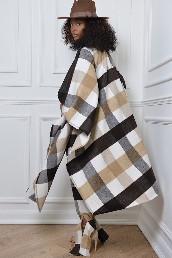 CARDIFF WOOLLEN PONCHO IN BROWN AND CREAM