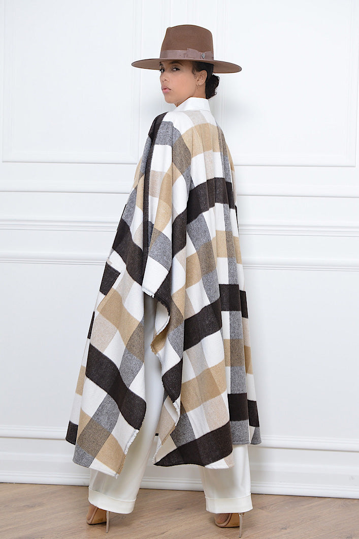 CARDIFF WOOLLEN PONCHO IN BROWN AND CREAM