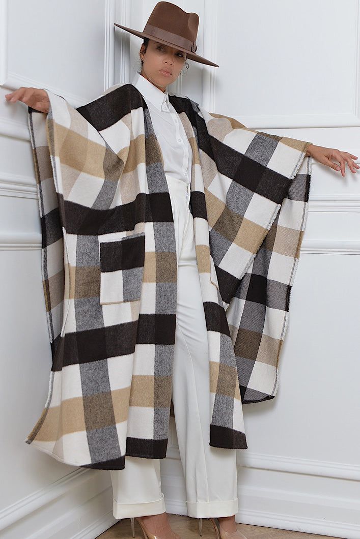 CARDIFF WOOLLEN PONCHO IN BROWN AND CREAM
