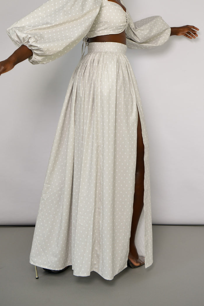 COLIMA GATHERED MAXI SKIRT IN GREY DIAMOND POLKA DOT THE KEMIST