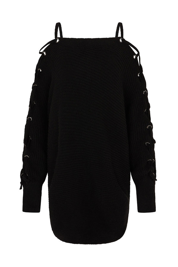 CUSCO TIE SHOULDER SWEATER DRESS IN BLACK