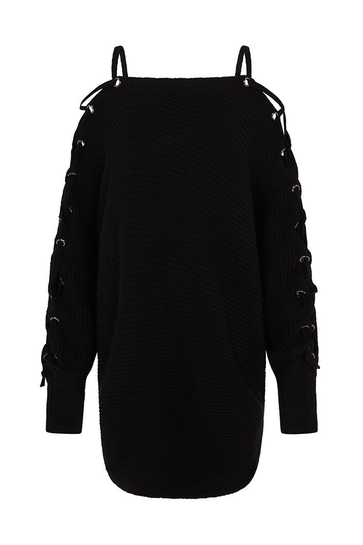 CUSCO TIE SHOULDER SWEATER DRESS IN BLACK