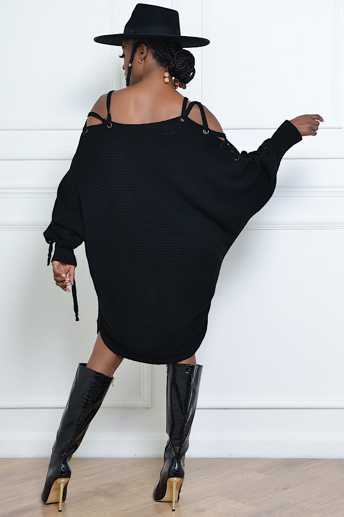 CUSCO TIE SHOULDER SWEATER DRESS IN BLACK