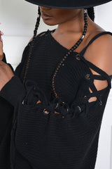 CUSCO TIE SHOULDER SWEATER DRESS IN BLACK