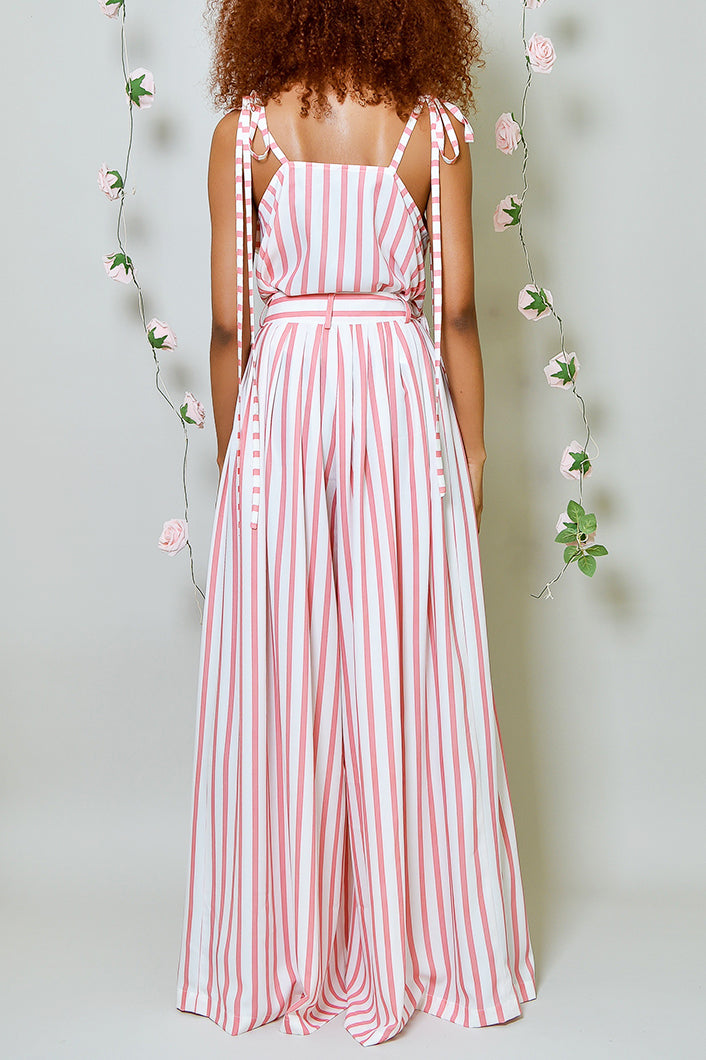 DERRY STRIPE PLEATED WIDE LEG PANTS IN PINK