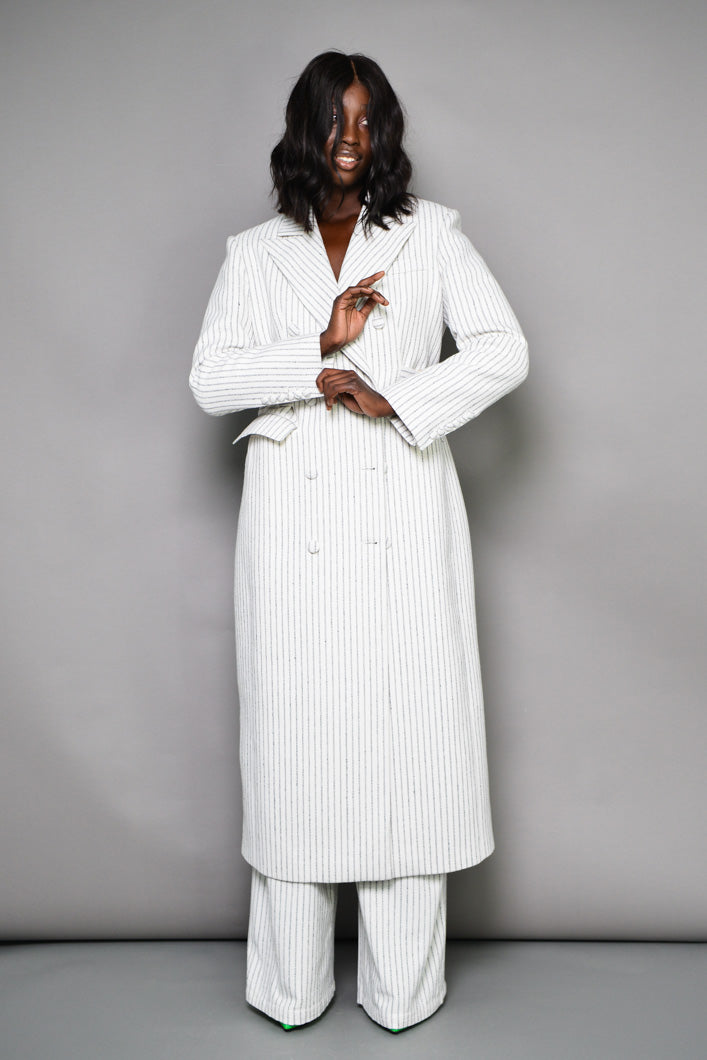 GRAHAM TAILORED PINSTRIPED COAT WITH SIDE BELT IN OFF-WHITE