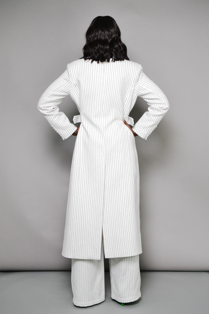 GRAHAM TAILORED PINSTRIPED COAT WITH SIDE BELT IN OFF-WHITE