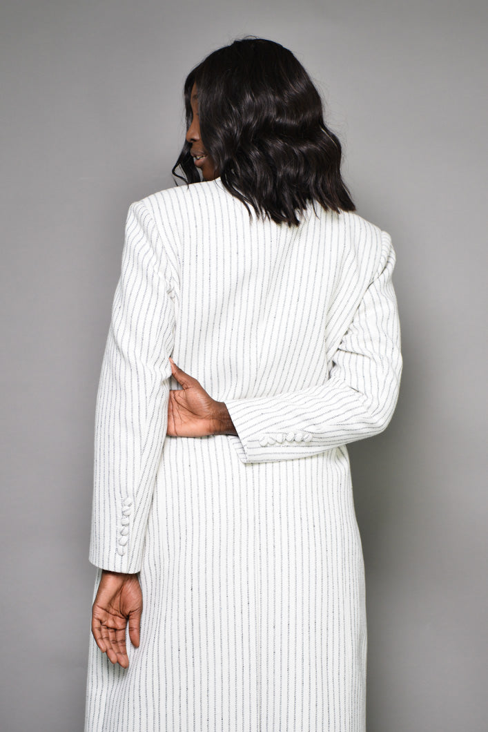 GRAHAM TAILORED PINSTRIPED COAT WITH SIDE BELT IN OFF-WHITE