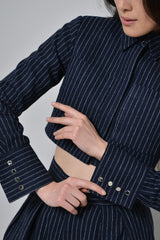 GRAHAM PINSTRIPED CROPPED SHIRT JACKET IN NAVY