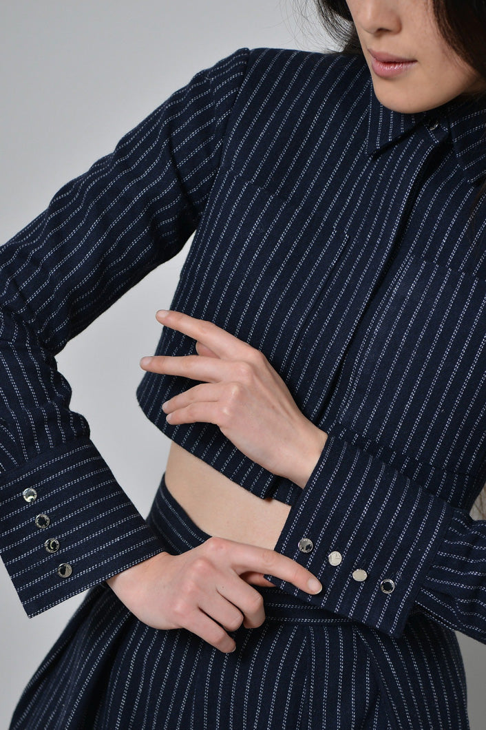 GRAHAM PINSTRIPED CROPPED SHIRT JACKET IN NAVY