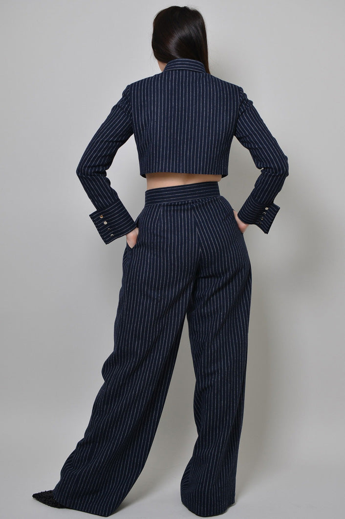 GRAHAM PINSTRIPED CROPPED SHIRT JACKET IN NAVY
